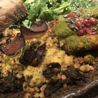 Veggie plate (with 2 choices of side dishes: mushrooms and lentils, spicy pumpkin) plus Falafel!  at Honest Greens - Plaça Catalunya in Barcelona