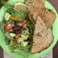 Végépâté sandwich with salad and chips sides.  at Clementine Cafe and Deli in Moncton