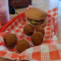 Burger with mac and cheese balls at Lord of the Fries in Newtown