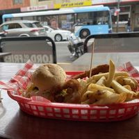 Small burger, chips and onion rings   at Lord of the Fries in Newtown