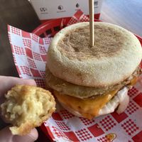 Vegan sausage breakfast sandwich and a Mac and cheese ball. Both very tasty.  at Lord of the Fries in Newtown