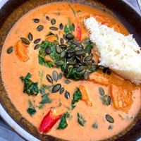 Thai red curry with pumpkin and spinach, with sticky rice at Chaophraya in Leeds