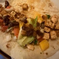 Vegan tofu tacos on wheat flour tortilla, order of three. Photographed only one because forgot to photograph until half-eaten at La Fiesta Chatham in Springfield