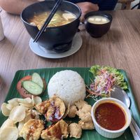 Ramen, miso soup and veggie sambal rice dish   at Miso Kimchi in Tanah Rata