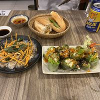 Vegetarian Sausage bahn mi, vegetable summer roll, and traditional dumplings  at Chay Corner in Da Nang