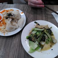 fried dumplings (left) and fried vegetables with garlic (right) at Chay Corner in Da Nang