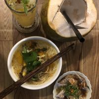 Passion fruit soda, noodle soup and dumplings. Yum! at Chay Corner in Da Nang