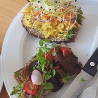 Mushroom salad Smørrbrød on the bottom - above also chickpea salad at Lillians Smørrebrød in Copenhagen