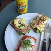 Potato, beetroot hummus and tomato   at Lillians Smørrebrød in Copenhagen