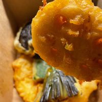 Close-up of vegan tempura lotus root at Tane Vegan Izakaya in Honolulu