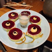 Very unusual and complex beet sushi - highly recommend for the adventurous palate at Tane Vegan Izakaya in Honolulu