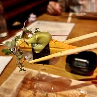 Pickled mango nigiri with citrus crema   at Tane Vegan Izakaya in Honolulu