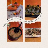 Tomato Nigiri, Miso soup, paradise cove, and makaha at Tane Vegan Izakaya in Honolulu