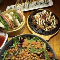 sushi, bao, brussel sprouts, and beet salad   at Tane Vegan Izakaya in Honolulu