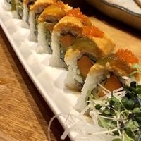 Pokai - Sweet potato tempura, avocado, spicy tofu, roasted bell pepper, sesame mustard, and seaweed pearls  at Tane Vegan Izakaya in Honolulu