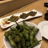 Grilled asparagus and garlic edamame  at Tane Vegan Izakaya in Honolulu