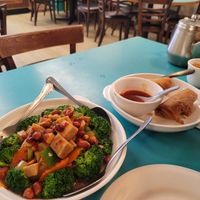 Chicken kung Pao and spring rolls at Lucky Creation Vegetarian in San Francisco