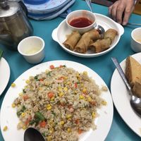 Chicken fried rice, fried spring rolls   at Lucky Creation Vegetarian in San Francisco