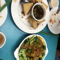 Fried stuffed bean curd, curry chicken   at Lucky Creation Vegetarian in San Francisco