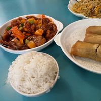 Sweet & sour pork and steamed rice  at Lucky Creation Vegetarian in San Francisco
