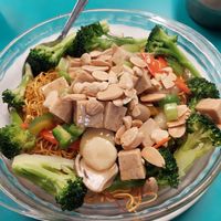 Meatless diced almond chicken (with fried noodles) at Lucky Creation Vegetarian in San Francisco