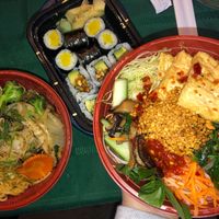 Stir fry ramen, pickled radish roll and avocado & peanut roll and vegan bun  at Hana Japanese Cuisine in Merrimack