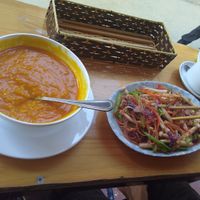 pumpkin soup and veg and noodles at Ginger Home in Sapa