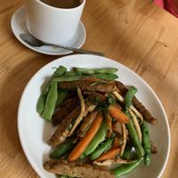 Tempeh stir fry with vegetables & Vietnamese coffee with nut milk at Ginger Home in Sapa