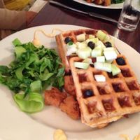 Yards beer battered seitan with Belgian waffles and mustard greens at Mi Lah Vegetarian in Ambler