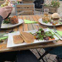 My panini, chickpea burger on the left and bean burger on the right.  at The Secret Garden in Dorchester