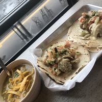 Mexican Street corn chowder soup (ask for no cheese so it’s vegan) and falafel tacos on corn tortillas (these tacos are already vegan) at Falafel Taco in Pleasantville