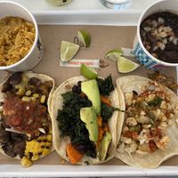 Mushroom taco, sweet potato & kale taco, cauliflower picadillo taco with vegan black beans and rice  at OSO Paseo in Oklahoma City