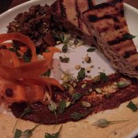 spring 2016: Lebanese Mezze: mushrooms, hummus, carrot, muhammara, edible flowers, pistachio at Millennium in Oakland