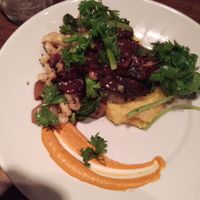 spring 2016: coffee rubbed portobello mushroom, cashew potatoes, brocolli, grilled beans, at Millennium in Oakland
