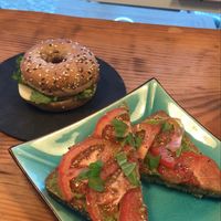 tomato/avocado toast and the mixed bagle at Izzy's Market Vegetarian Boutique in Vila Do Bispo