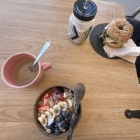 And Hamburger Bagel, Banana Smoothie  at Izzy's Market Vegetarian Boutique in Vila Do Bispo