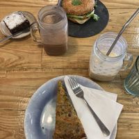 vegetable quiche, bagel, gluten & sugar free brownie, nutella milkshake and pina colada smoothie   at Izzy's Market Vegetarian Boutique in Vila Do Bispo