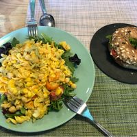 Quinoa pasta salad and bagel at Izzy's Market Vegetarian Boutique in Vila Do Bispo