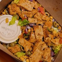 Unmixed pasta salad. The pasta is underneath the yummy bits! at Junkyard in Reykjavik