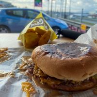 Patty melt and Hash browns. Bun looked a little charred, but it didn't affect the taste.  at Junkyard in Reykjavik