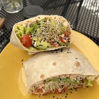 Vegan wrap: hummus, lettuce, sprouts, tomato, avocado, vegan cheese.  at Yah-Yah in Sayulita