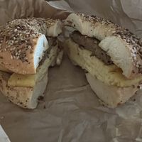 Vegan egg and sausage breakfast sandwich on an everything bagel 🥯   at Bagel Time Cafe in Wildwood
