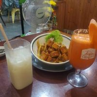 Tofu (without the rice), carrot juice and rice milk at ROM Vegetarian Restaurant in Hoi An