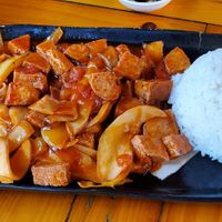 Vegan "fish cakes" with mushrooms and onions in a mild spicy-sweet sauce. at ROM Vegetarian Restaurant in Hoi An