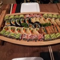 Vegan sushi boat with extra special rolls at Zaowang in Antwerpen