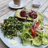 Tabouleh salad with avocado and beet hummus toast   at Preps in Maastricht