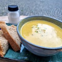 Soup of the week (with curry and roasted almonds) and vegan butter at Preps in Maastricht