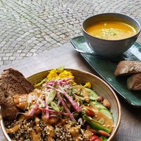 Gado gado salad and pumpkin curry soup at Preps in Maastricht