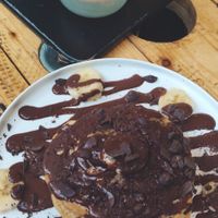 Yummy vegan pancakes with banana and chocolate sauce. at Preps in Maastricht