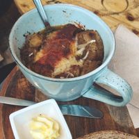 Delicious onion soup with vegan cheese. at Preps in Maastricht